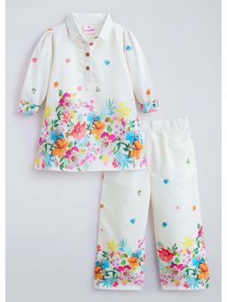 Hopscotch - Cotton Floral Ethnic Kurta with Pyjama - White
