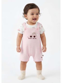 Hopscotch - Bunny Race Applique T-Shirt and Dungaree - Peach