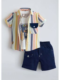 Hopscotch - Pure Cotton Striped Shirt with Vest and Shorts - Multi-Color