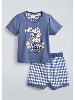 Hopscotch - Cotton Unicorn T-Shirt with Shorts - Navy Blue