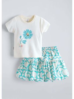 Hopscotch - Cotton Floral T-Shirt and Skirt Set - Blue