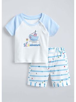 Hopscotch - Boat Embroidery Cotton T-Shirt with Shorts - Blue