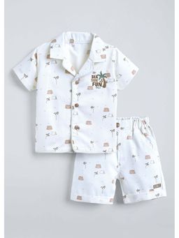 Hopscotch - Palm Tree Embroidery Shirt and Shorts Set - White