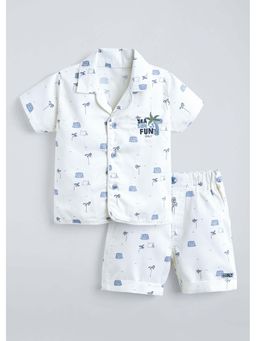 Hopscotch - Palm Tree Embroidery Shirt and Shorts Set - White