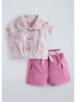 Hopscotch - Floral Collared Elasticated Shirt with Shorts and Belt - Beige