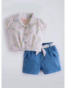 Hopscotch - Floral Collared Elasticated Shirt with Shorts and Belt - Beige