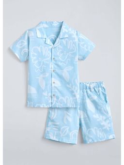 Hopscotch - Tropical Collared Cotton Co-ord Set - Blue