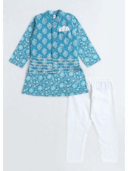 Hopscotch - Floral Printed Cotton Kurta with Jacket and Pyjama