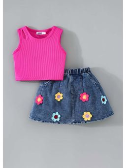 Hopscotch - Ribbed Blouse and Denim Skirt