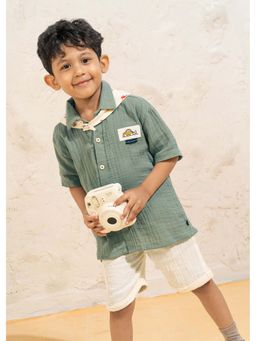 Hopscotch - Textured Collared Shirt with Shorts and Handkerchief - Olive