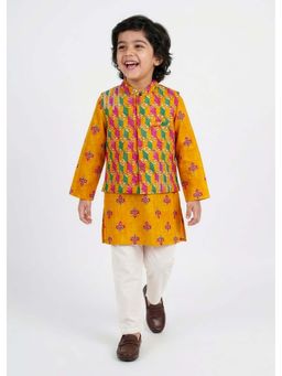 Hopscotch - Cotton Floral Kurta with Jacket and Pyjama - Yellow