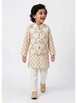 Hopscotch - Cotton Floral Kurta with Jacket and Pyjama - Cream
