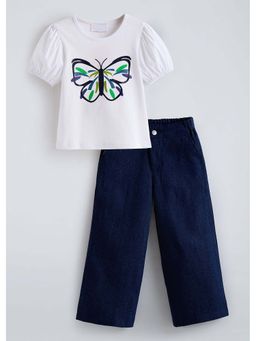 Hopscotch - Butterfly Puff Sleeves Denim Top with Jeans