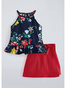 Hopscotch - Floral Bow Applique Ruffled Top with Skort