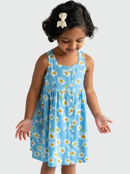 Campana - Girls Amy Button Down Daisies Print Flared Dress - Blue