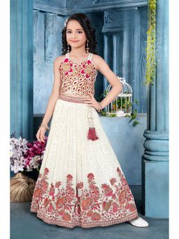 Lagorii - Georgette Ivory Embroidered Choli With Lehenga