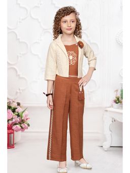 Lagorii - Linen Brown Embroidered Top With Pant And Jacket