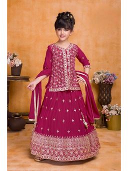 Lagorii - Chiffon Maroon Embroidered Lehenga With Crop Choli And Dupatta