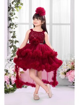 Lagorii - Net Maroon Embellished Dress With Headband