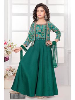 Lagorii - Teal Embellished Top Palazzo With Dupatta And Jacket