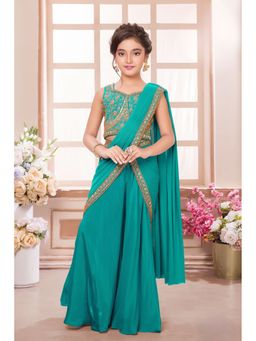 Lagorii - Crepe Teal Embroidered Blouse With Draped Palazzo And Dupatta