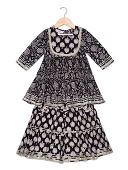 Aatya Kiids - Cotton Black Floral Kurta With Sharara