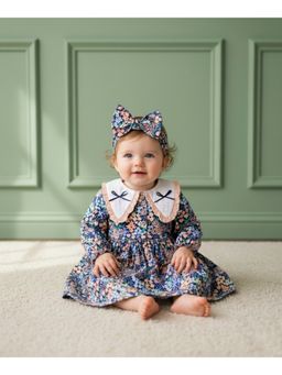 My Milestones - Cotton Navy Blue Floral Dress With Bloomer And Hairband