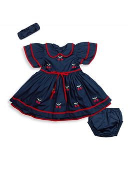 My Milestones - Cotton Navy Blue Embroidered Dress With Bloomer And Hairband