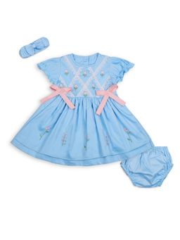 My Milestones - Cotton Blue Embroidered Dress With Bloomer And Hairband