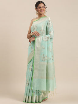 Banarasi Silk Works - Sea Green Masrise Cotton Alfi Boota Zari Border Saree with Unstitched Blouse