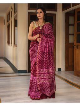 Mayurie - Nidhi Chanderi Batik Print Saree with Unstitched Blouse, Wine