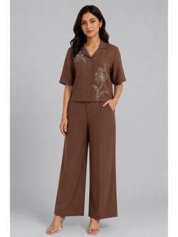 Twenty Dresses by Nykaa Fashion - Brown Floral Embroidered Cotton Linen Co-Ord Set