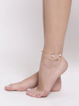 OOMPH - Golden Beads White Pearl and Charm Fashion Anklet For Women