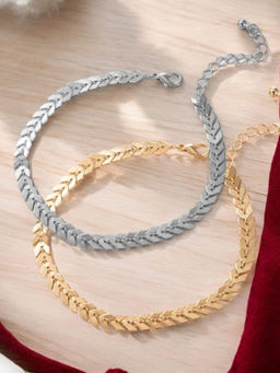OOMPH - Silver and Gold Tone Delicate Leaf Chain Fashion Anklets (Pack of 2)