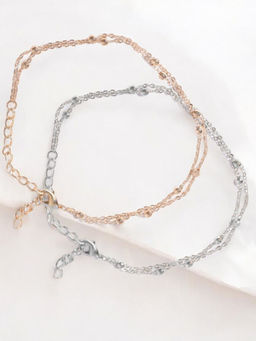 OOMPH - Silver and Gold Beads Multi Layered Fashion Anklet For Women (Pack of 2)