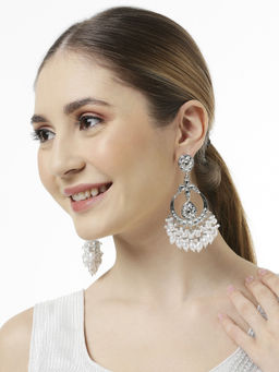 OOMPH - White Pearls Kundan Jadau in Floral Design Chandbali Earrings