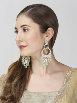 OOMPH - Pink and Mint Green Kundan Jadu Drop Chandbali Earrings