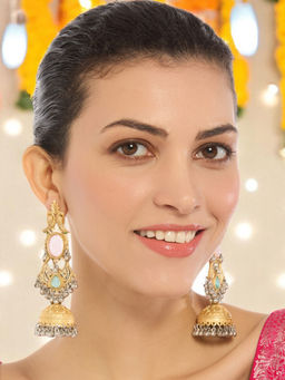 OOMPH - Gold and Silver Dual Tone Pink and Firozi Engraved Stones Long Drop Earrings