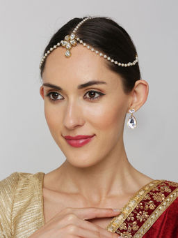 OOMPH - Gold Tone Kundan Sheeshphool with Drop Earrings