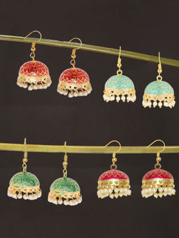 OOMPH - Green and Pink Minakari Enamel with Pearls Ethnic Jhumka Earrings (Pack of 4)