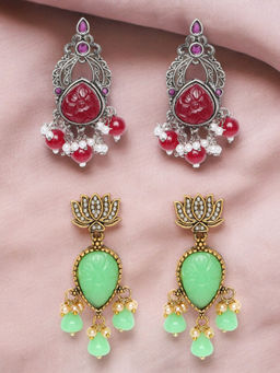 OOMPH - Oxidised Silver and Gold Maroon and Green Stones Ethnic Drop Earrings (Pack of 2)