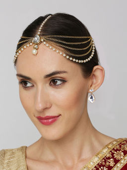 OOMPH - Gold Tone Kundan Sheeshphool with Drop Earrings