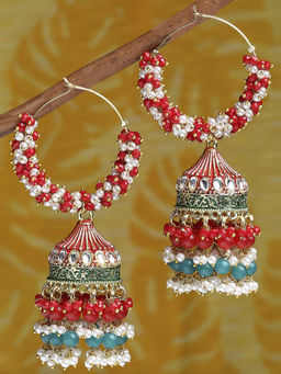 OOMPH - Multi Colour Minakari and Kundan and Pearls Ethnic Bali Drop Earrings