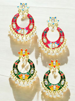 OOMPH - Rani Pink and Green Floral Design Minakari Chandbali Earrings