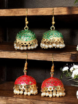 OOMPH - Rani Pink and Green Minakari Enamel Minimal Jhumka (Pack of 2)