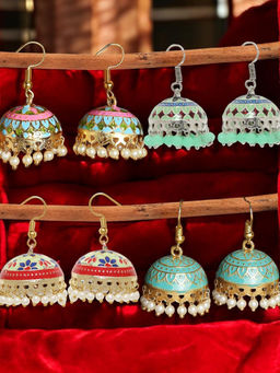 OOMPH - Minakari Jhumka Earrings with Pearls Beads For Women (Pack of 4)