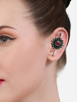 OOMPH - Oxidised Silver Bugadi Pink Stone Flower Shape Ear Cuff Earrings for Women