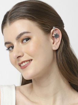 OOMPH - Pair of Oxidised Silver Floral Ethnic Ear Cuff Earrings For Women