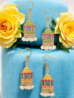 OOMPH - Minakari Green and Yellow Palki Design Small Jhumki Earrings (Pack of 2)