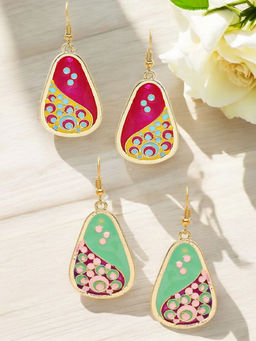 OOMPH - Rani Pink and Mint Green Peacock Minakari Ethnic Drop Earrings (Pack of 2)